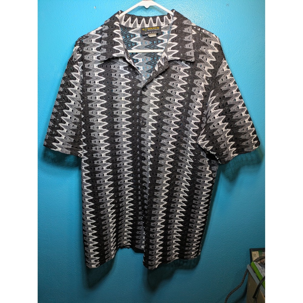 Vintage Galux Mens Wear Open Knit Zigzag Crochet Shirt Black Grey XL Made in USA